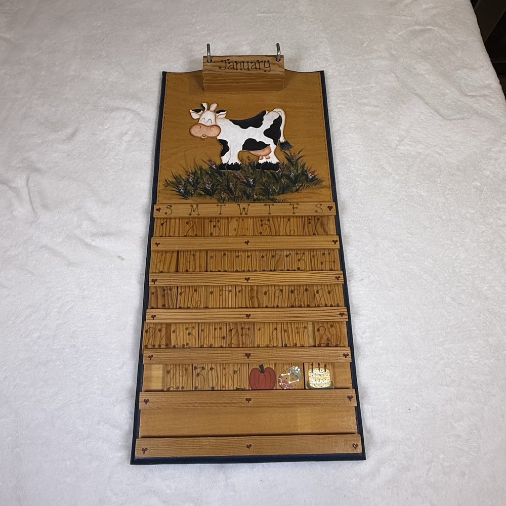 Vintage Wood Perpetual Wall Calendar Cow Farmhouse Hand Painted Complete Tiles